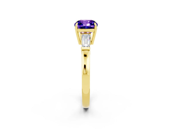 Yellow gold Cushion Cut Tanzanite Three-Stone Ring with Tapered Baguette Side Stones and Prong Setting