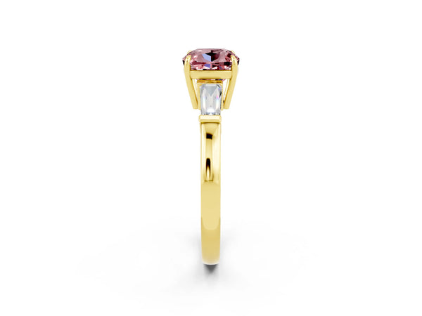 Yellow gold Cushion Cut Cut Diamond Ring with Tapered Baguette Side Stones in Four-Prong Setting