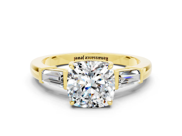 Yellow gold Cushion Cut Moissanite Three-Stone Ring with Tapered Baguette Side Stones and Prong Setting