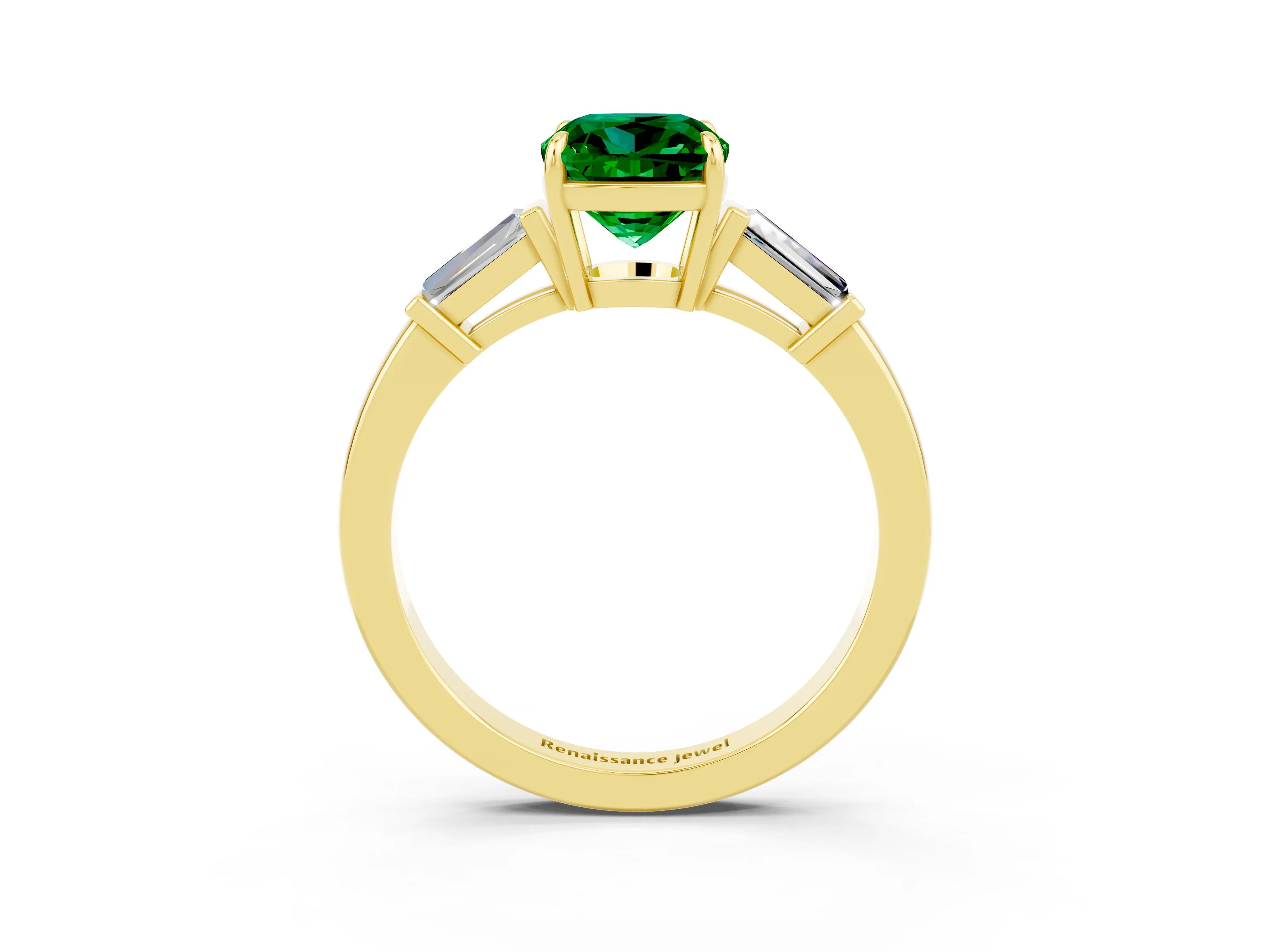 Yellow gold Cushion Cut Cut Diamond Ring with Tapered Baguette Side Stones in Four-Prong Setting_3