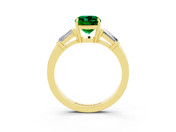 Yellow gold Cushion Cut Emerald Three-Stone Ring with Tapered Baguette Side Stones and Prong Setting