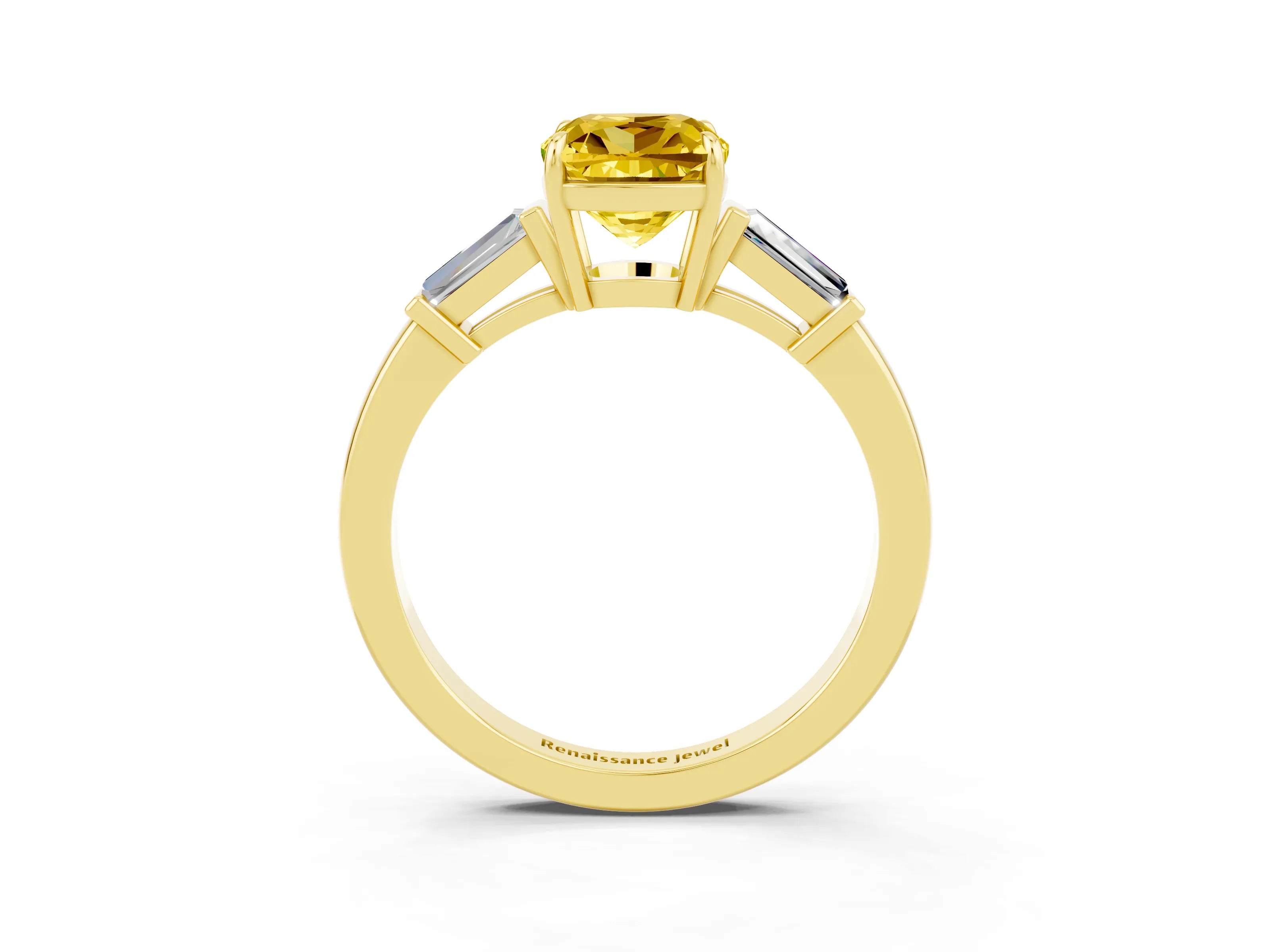 Yellow gold Cushion Cut Cut Diamond Ring with Tapered Baguette Side Stones in Four-Prong Setting_3