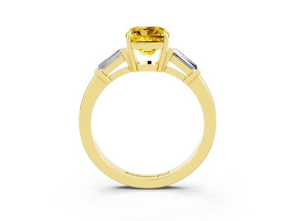 Yellow gold Cushion Cut Yellow Sapphire Three-Stone Ring with Tapered Baguette Side Stones and Prong Setting