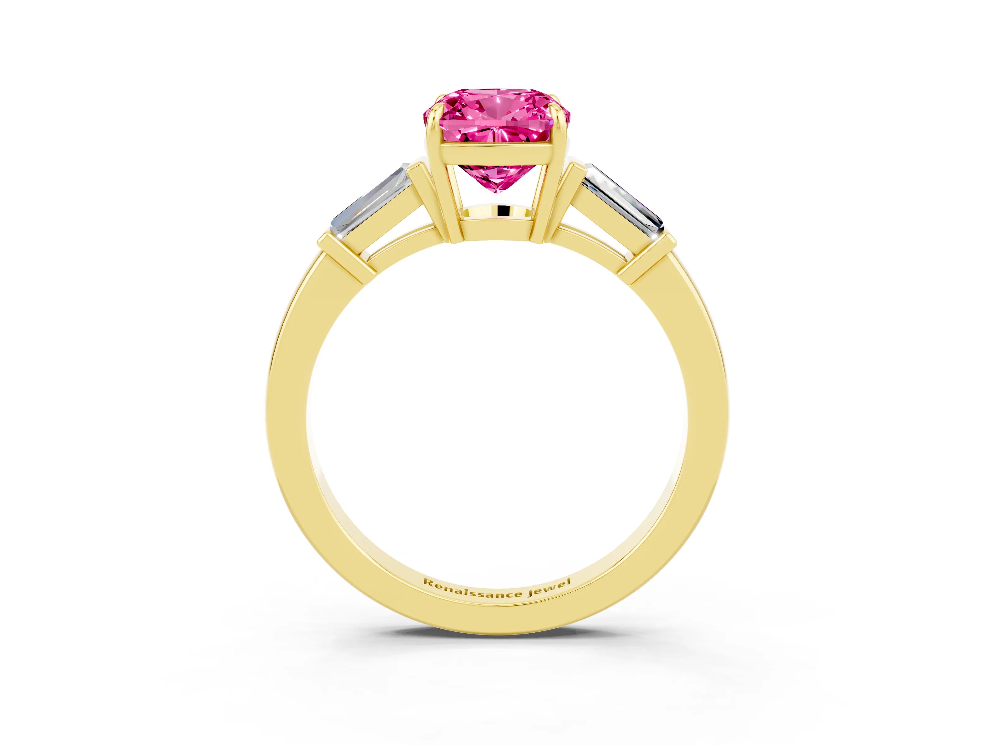 Yellow gold Cushion Cut Cut Diamond Ring with Tapered Baguette Side Stones in Four-Prong Setting_3