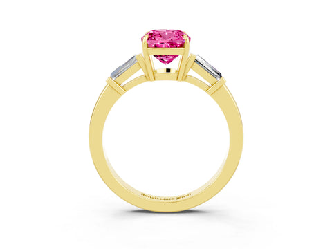 Yellow gold Cushion Cut Cut Diamond Ring with Tapered Baguette Side Stones in Four-Prong Setting_3