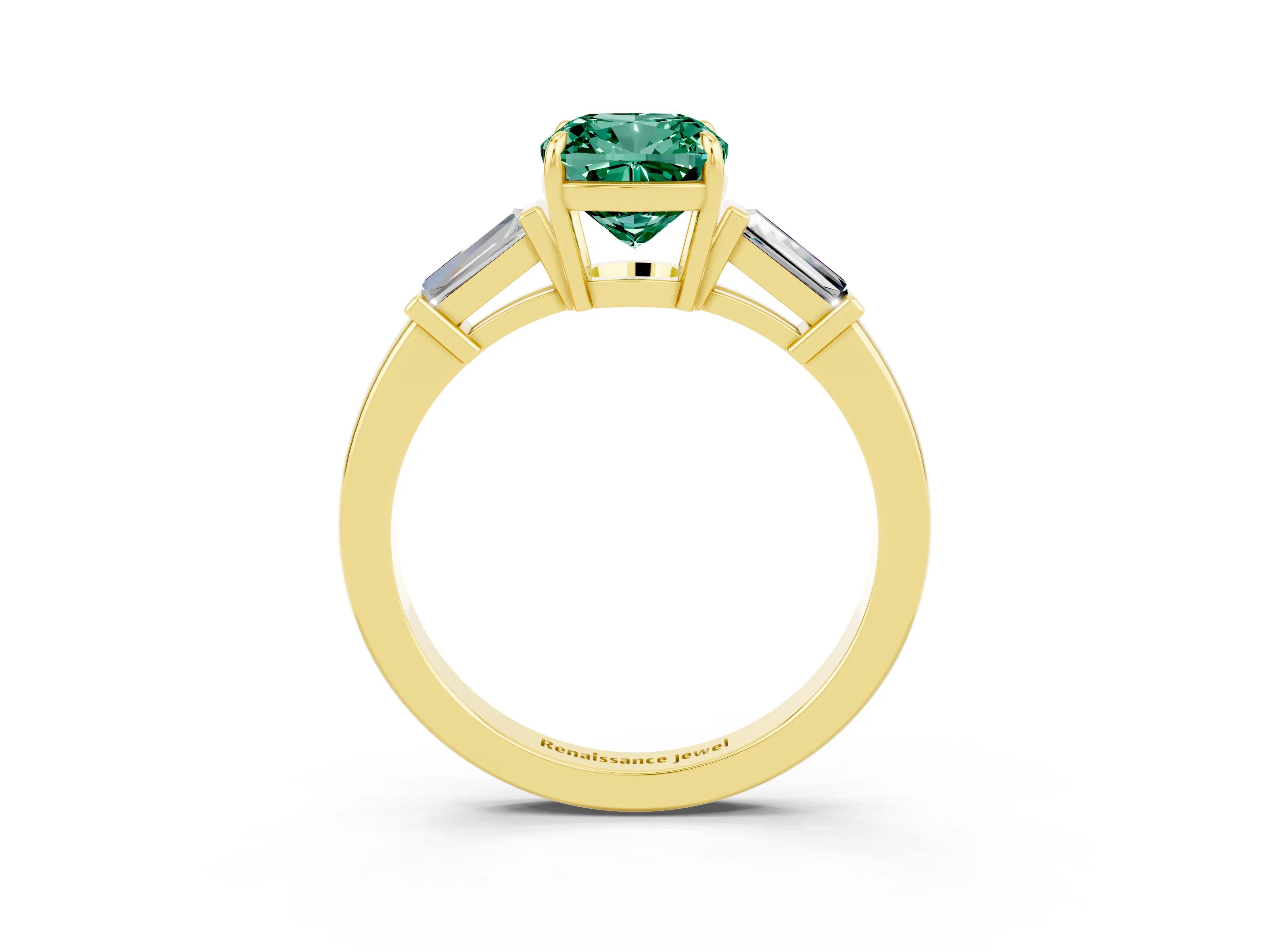 Yellow gold Cushion Cut Cut Diamond Ring with Tapered Baguette Side Stones in Four-Prong Setting_3