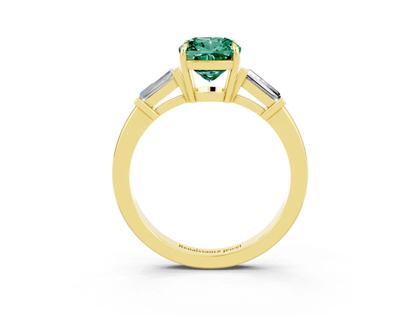 Yellow gold Cushion Cut Green Sapphire Three-Stone Ring with Tapered Baguette Side Stones and Prong Setting