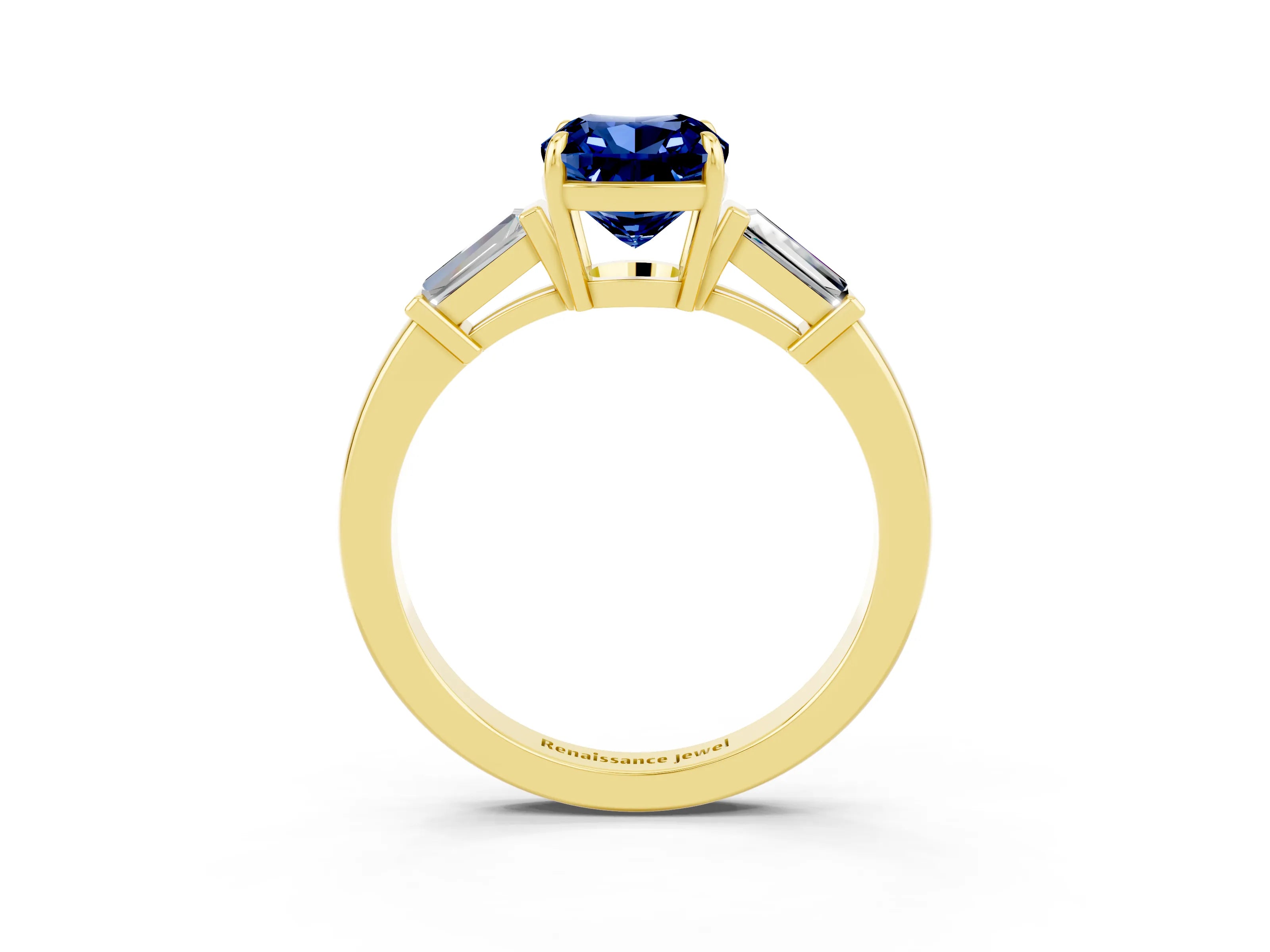Yellow gold Cushion Cut Cut Diamond Ring with Tapered Baguette Side Stones in Four-Prong Setting_3