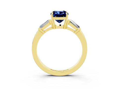 Yellow gold Cushion Cut Cut Diamond Ring with Tapered Baguette Side Stones in Four-Prong Setting_3