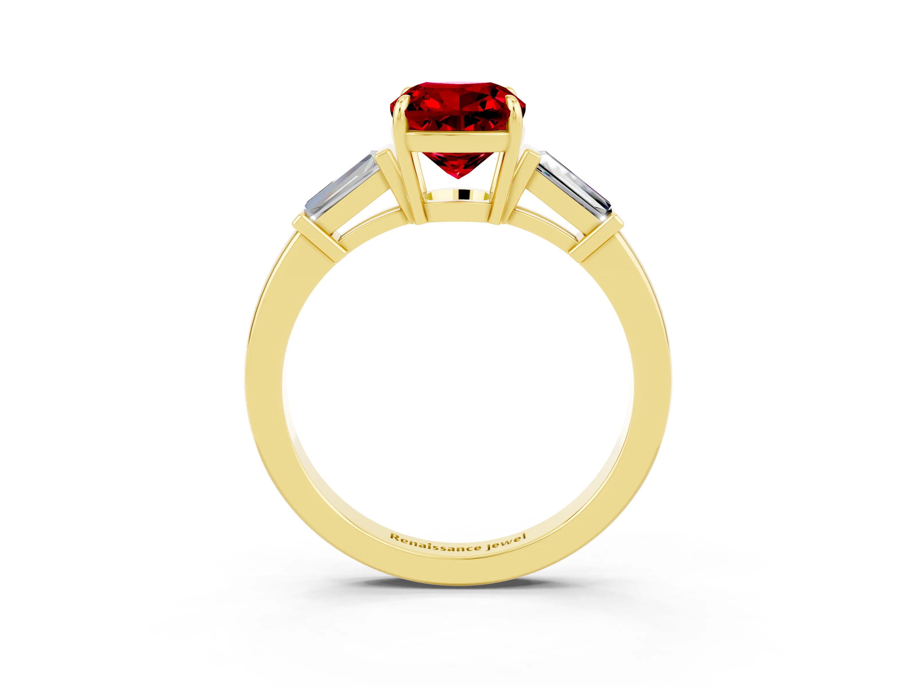 Yellow gold Cushion Cut Cut Diamond Ring with Tapered Baguette Side Stones in Four-Prong Setting_3