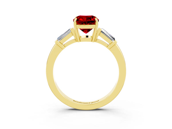Yellow gold Cushion Cut Cut Diamond Ring with Tapered Baguette Side Stones in Four-Prong Setting