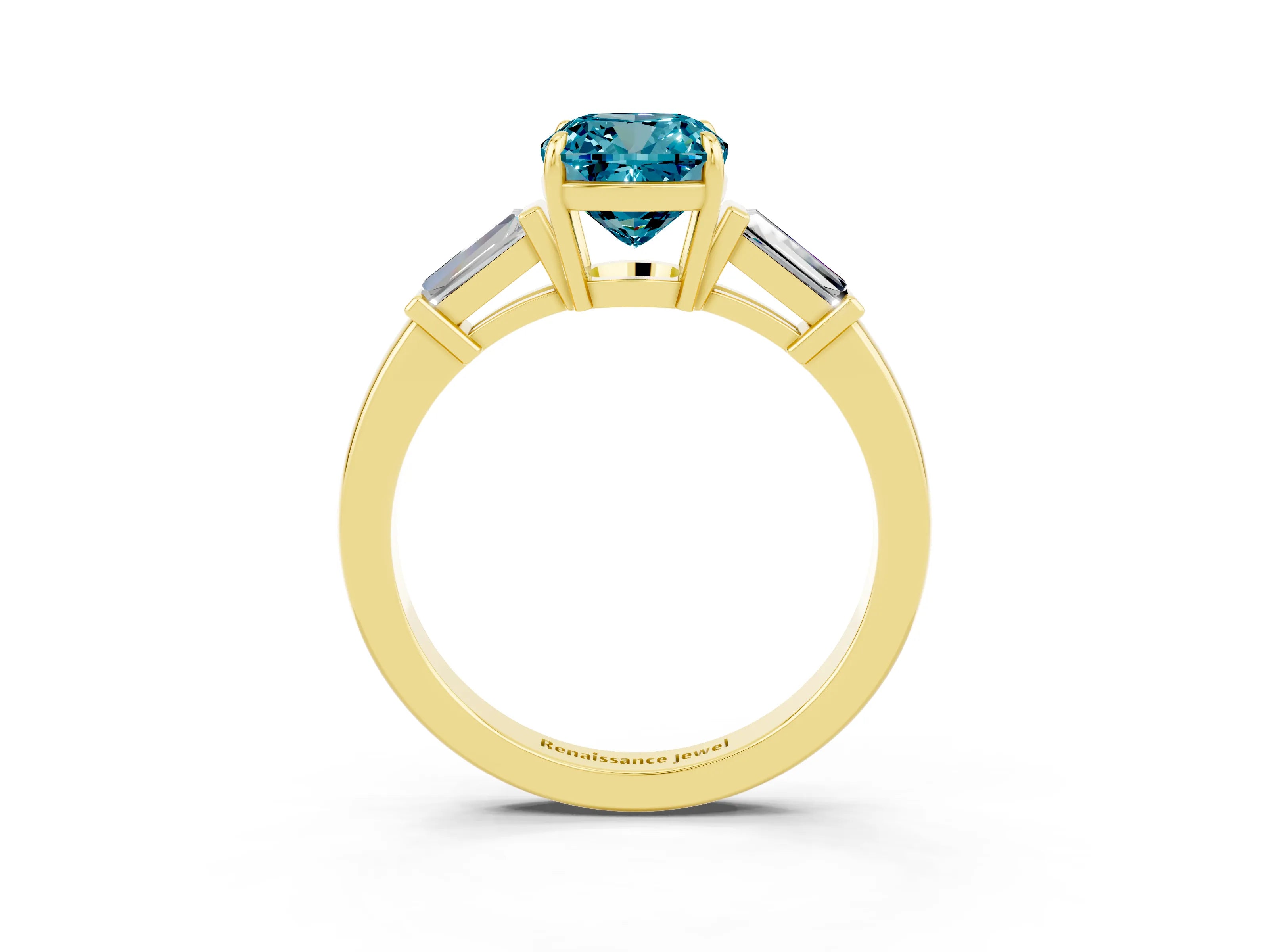 Yellow gold Cushion Cut Cut Diamond Ring with Tapered Baguette Side Stones in Four-Prong Setting_3