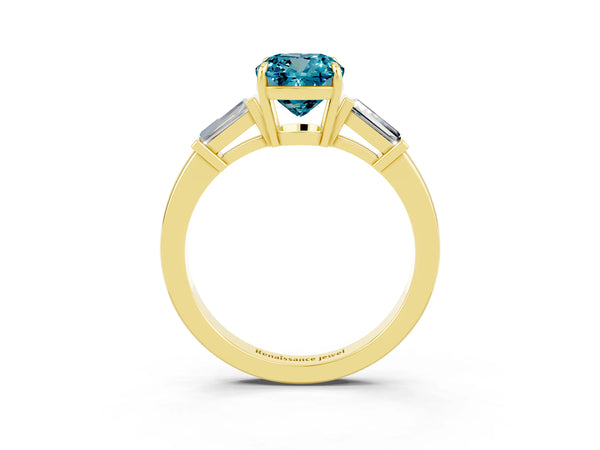 Yellow gold Cushion Cut Cut Diamond Ring with Tapered Baguette Side Stones in Four-Prong Setting