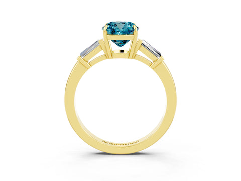 Yellow gold Cushion Cut Cut Diamond Ring with Tapered Baguette Side Stones in Four-Prong Setting_3