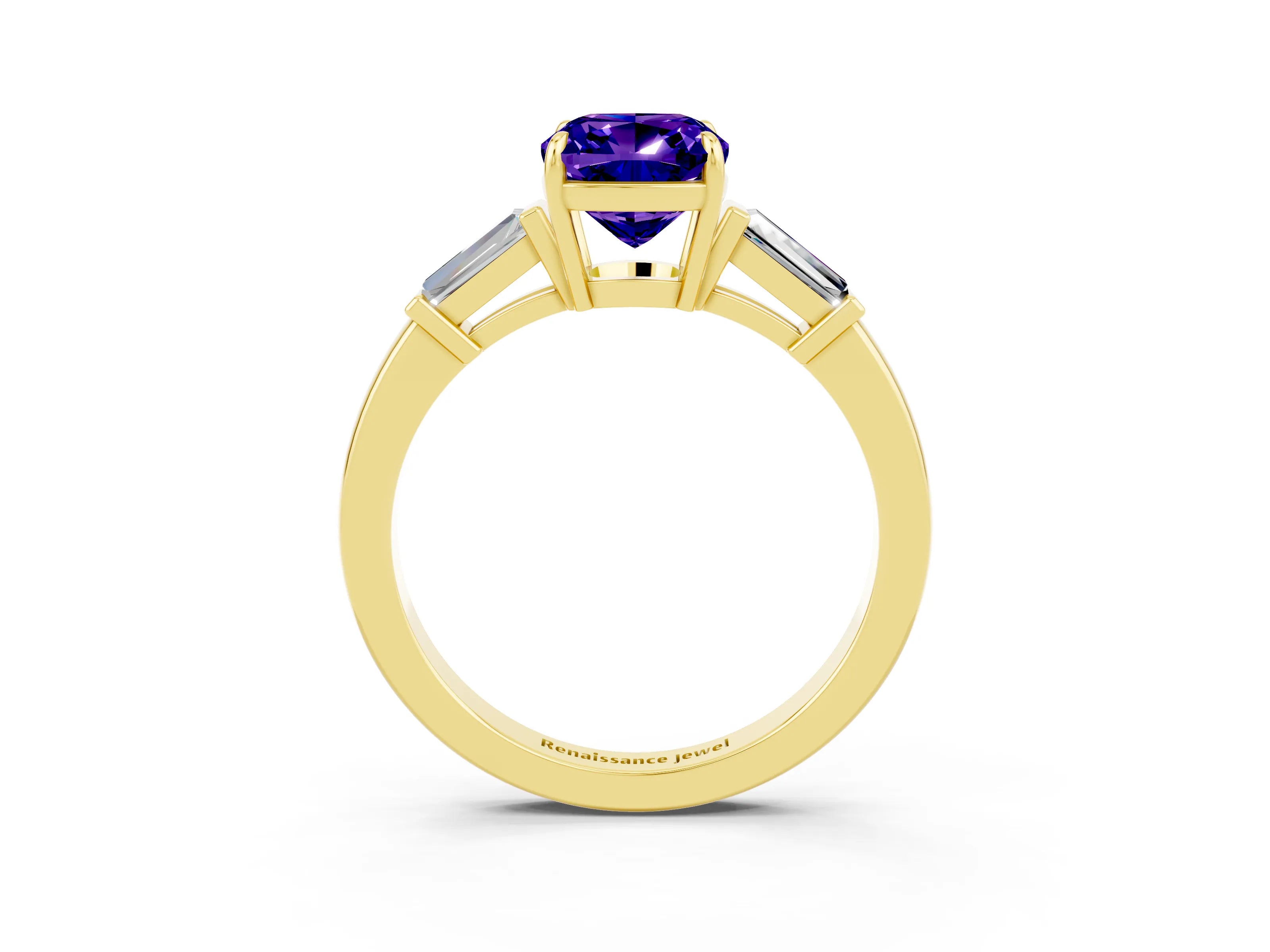 Yellow gold Cushion Cut Cut Diamond Ring with Tapered Baguette Side Stones in Four-Prong Setting_3