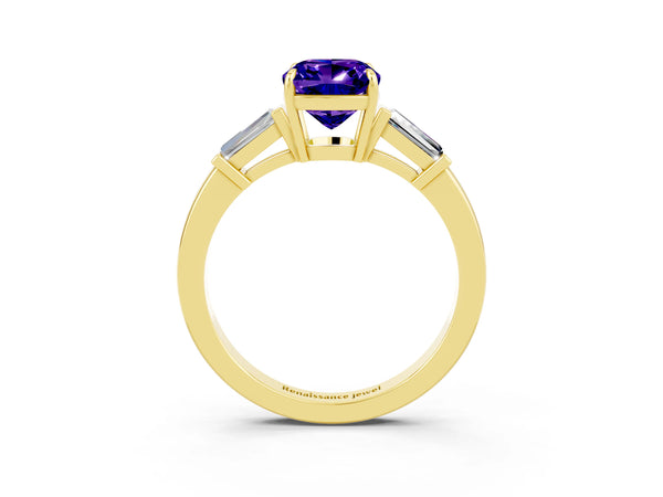 Yellow gold Cushion Cut Tanzanite Three-Stone Ring with Tapered Baguette Side Stones and Prong Setting