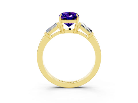 Yellow gold Cushion Cut Cut Diamond Ring with Tapered Baguette Side Stones in Four-Prong Setting_3
