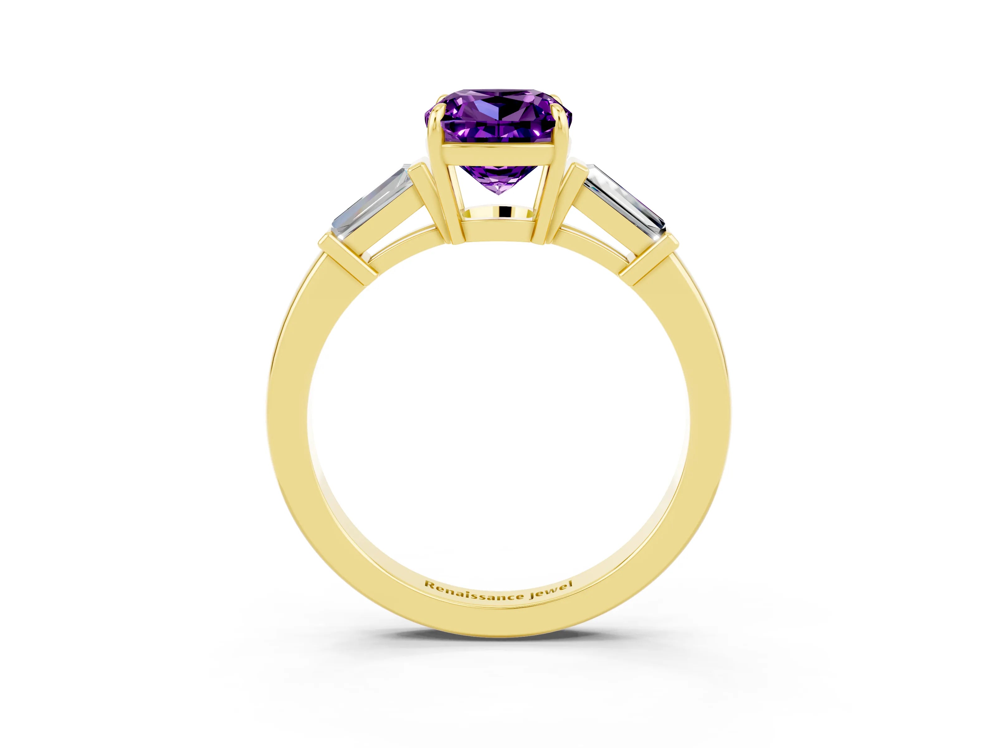Yellow gold Cushion Cut Cut Diamond Ring with Tapered Baguette Side Stones in Four-Prong Setting_3