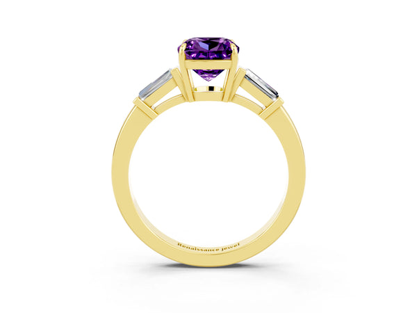 Yellow gold Cushion Cut Amethyst Three-Stone Ring with Tapered Baguette Side Stones and Prong Setting