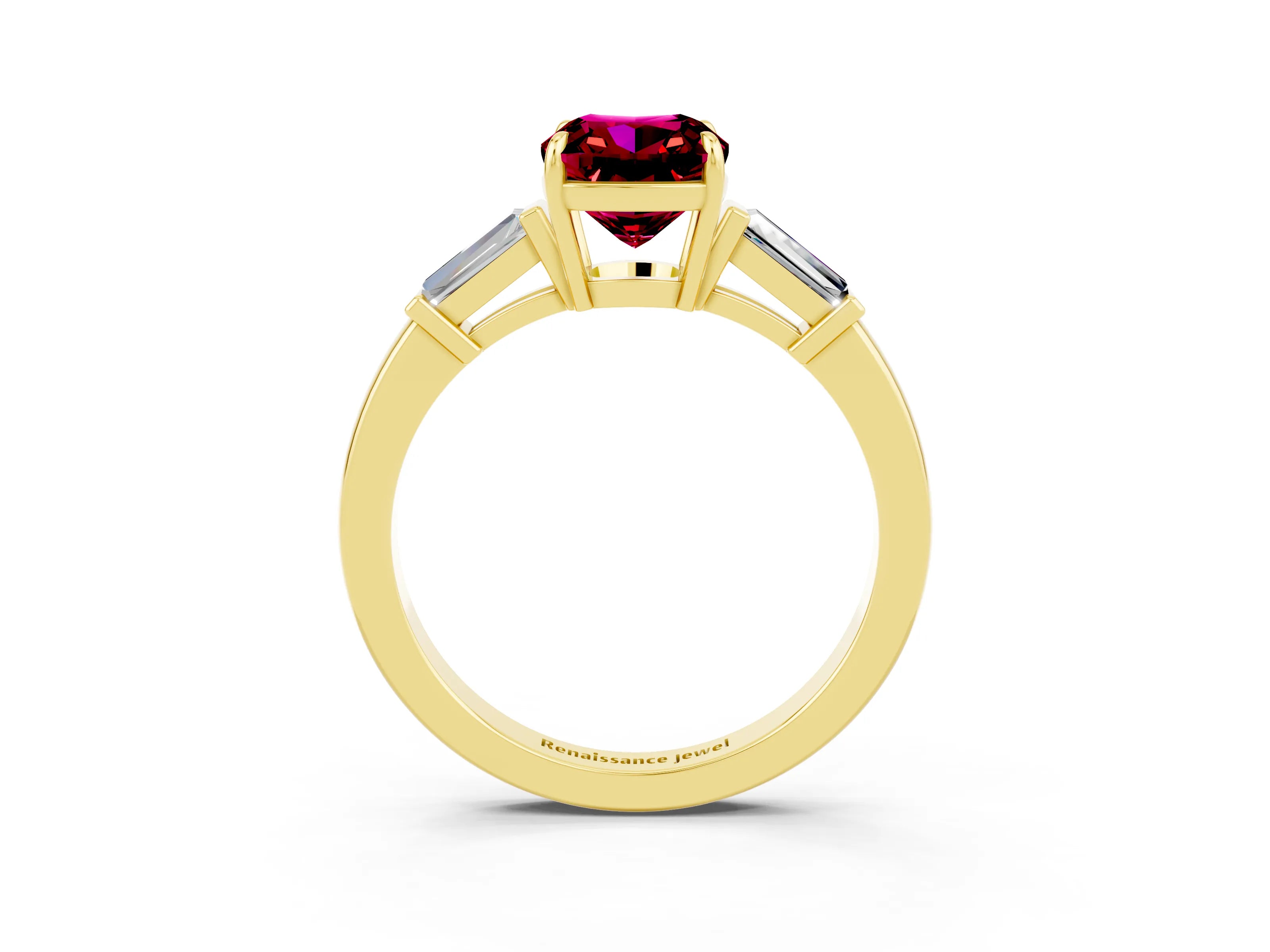 Yellow gold Cushion Cut Cut Diamond Ring with Tapered Baguette Side Stones in Four-Prong Setting_3