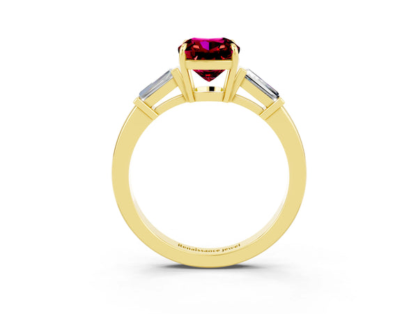 Yellow gold Cushion Cut Garnet Three-Stone Ring with Tapered Baguette Side Stones and Prong Setting