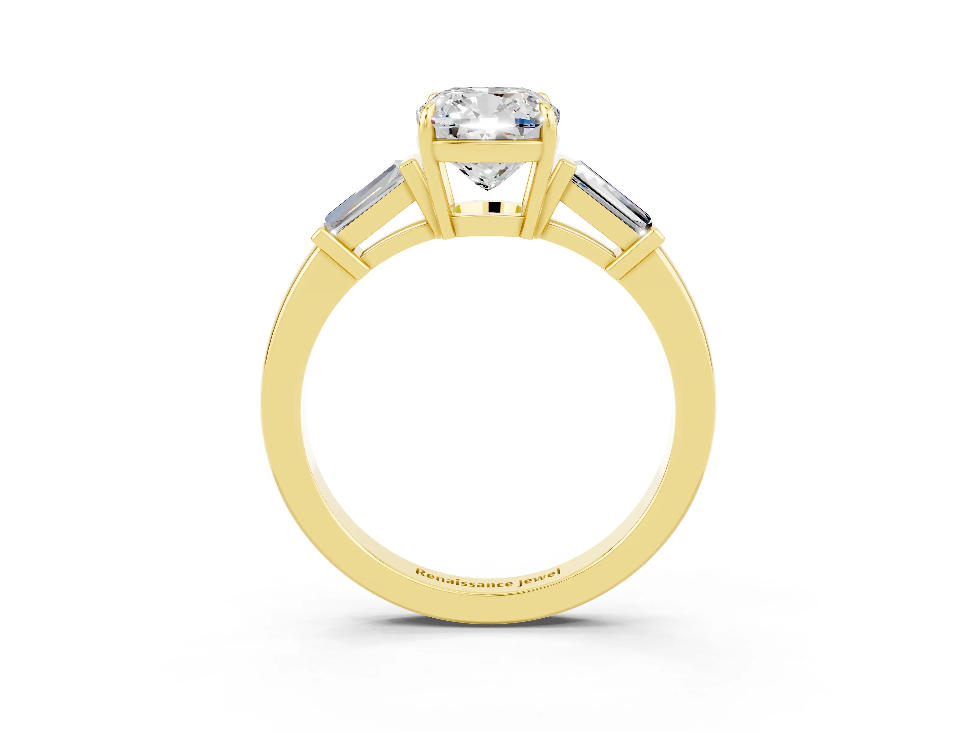 Yellow gold Cushion Cut Cut Diamond Ring with Tapered Baguette Side Stones in Four-Prong Setting_3