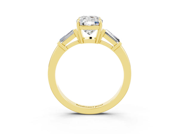 Yellow gold Cushion Cut Moissanite Three-Stone Ring with Tapered Baguette Side Stones and Prong Setting