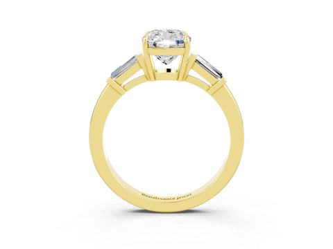 Yellow gold Cushion Cut Cut Diamond Ring with Tapered Baguette Side Stones in Four-Prong Setting_3