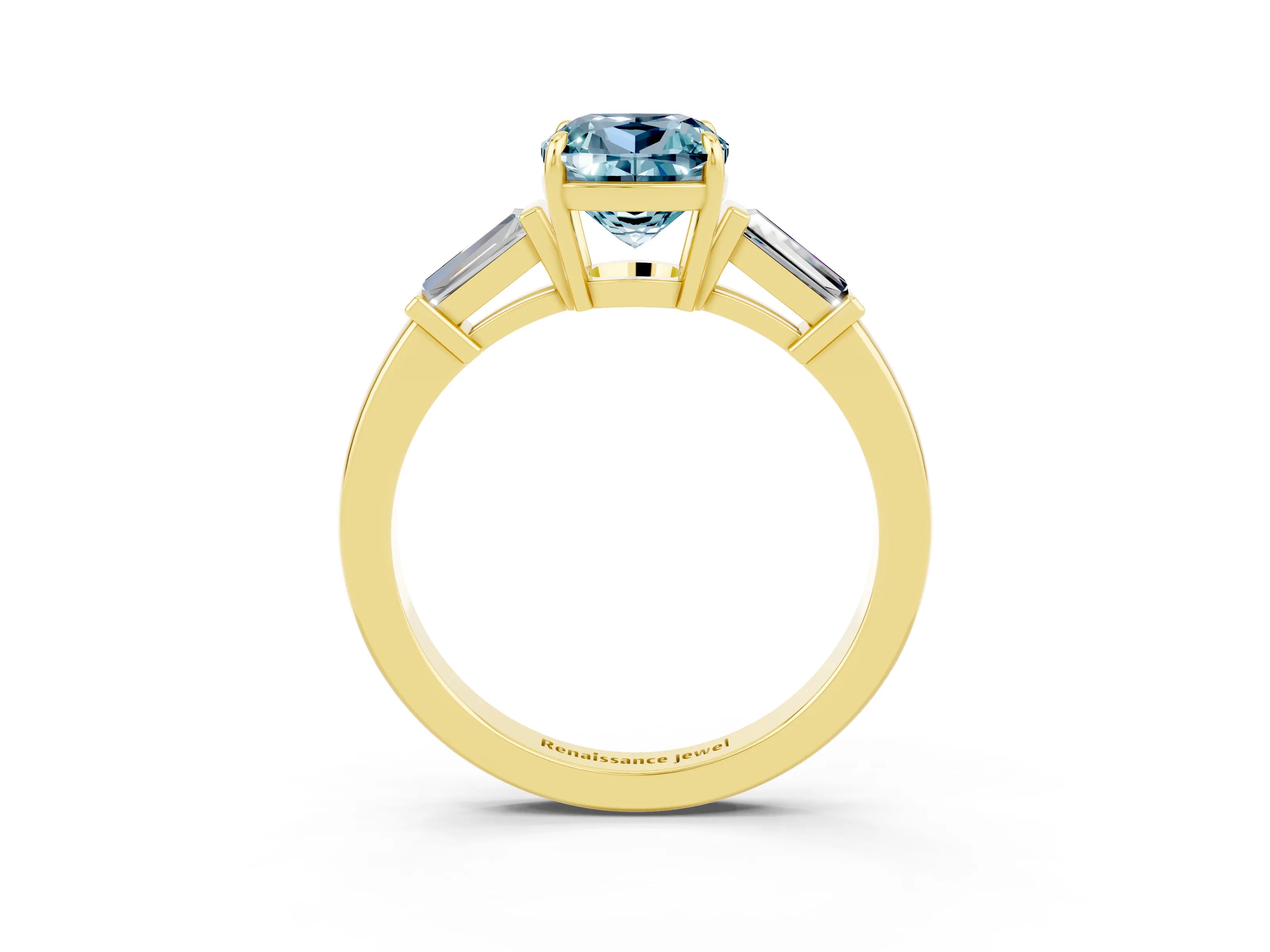 Yellow gold Cushion Cut Cut Diamond Ring with Tapered Baguette Side Stones in Four-Prong Setting_3