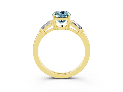 Yellow gold Cushion Cut Cut Diamond Ring with Tapered Baguette Side Stones in Four-Prong Setting_3