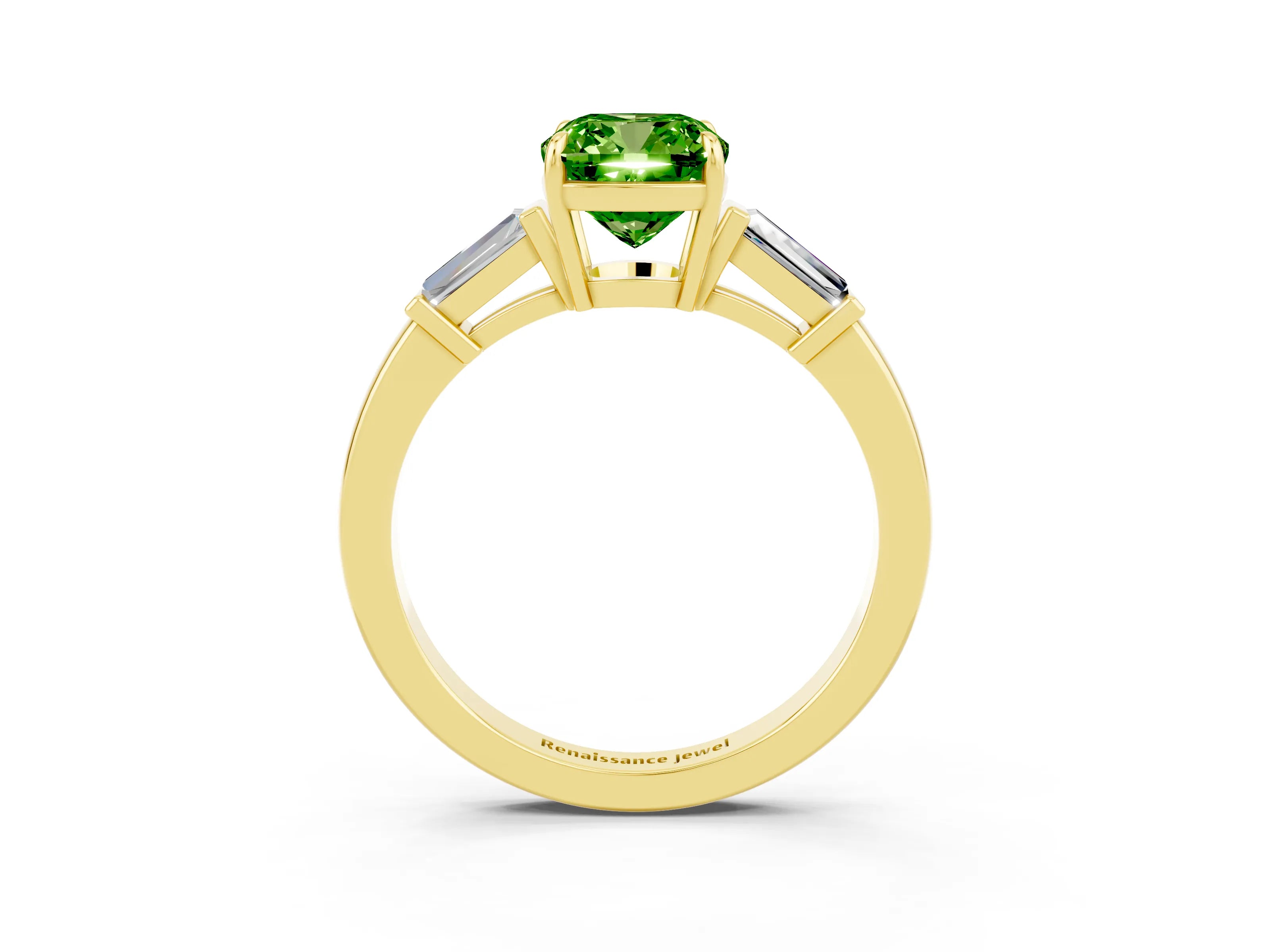 Yellow gold Cushion Cut Cut Diamond Ring with Tapered Baguette Side Stones in Four-Prong Setting_3