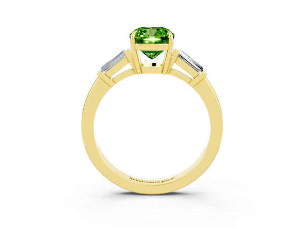 Yellow gold Cushion Cut Cut Diamond Ring with Tapered Baguette Side Stones in Four-Prong Setting
