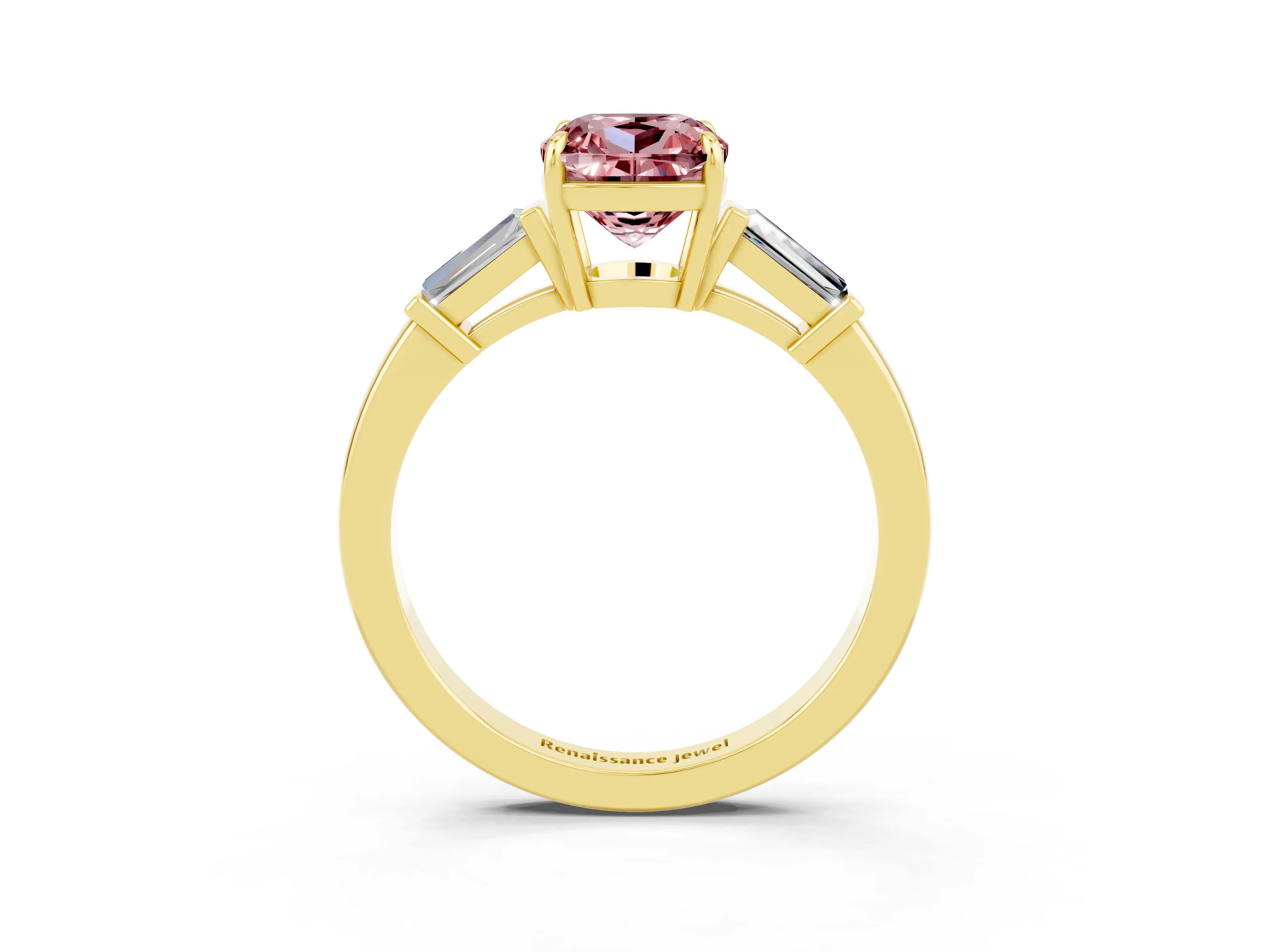 Yellow gold Cushion Cut Cut Diamond Ring with Tapered Baguette Side Stones in Four-Prong Setting_3