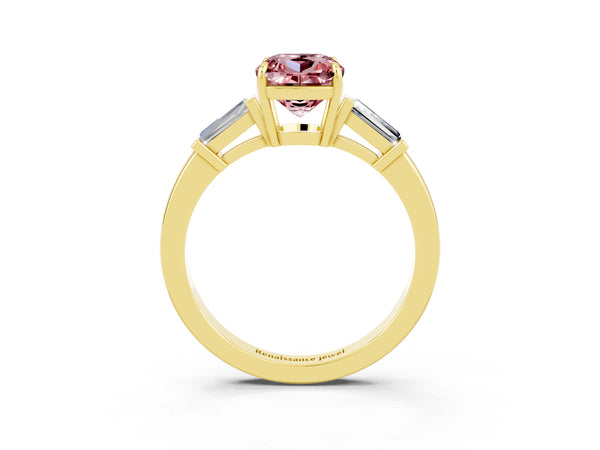 Yellow gold Cushion Cut Cut Diamond Ring with Tapered Baguette Side Stones in Four-Prong Setting