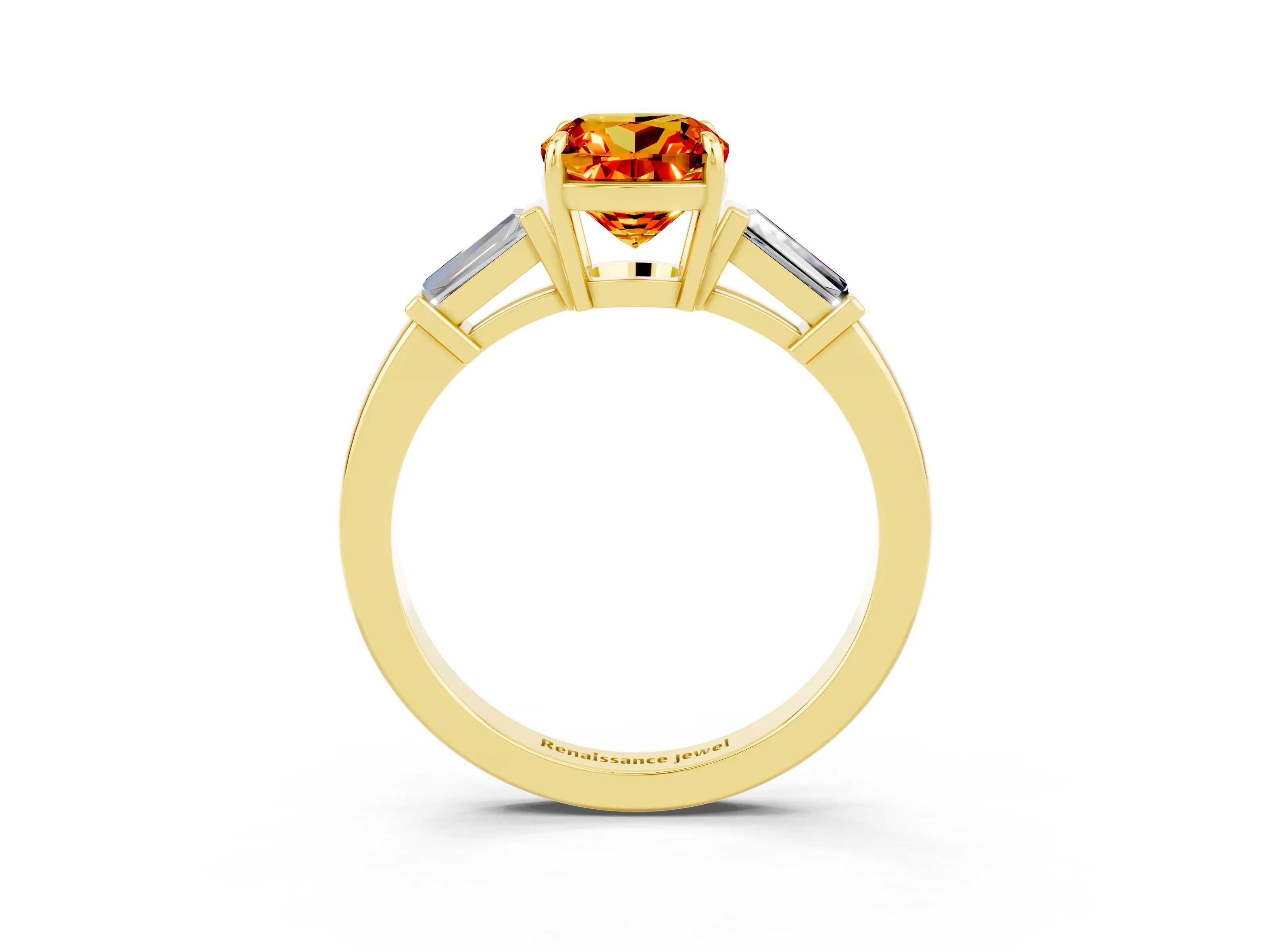 Yellow gold Cushion Cut Cut Diamond Ring with Tapered Baguette Side Stones in Four-Prong Setting_3