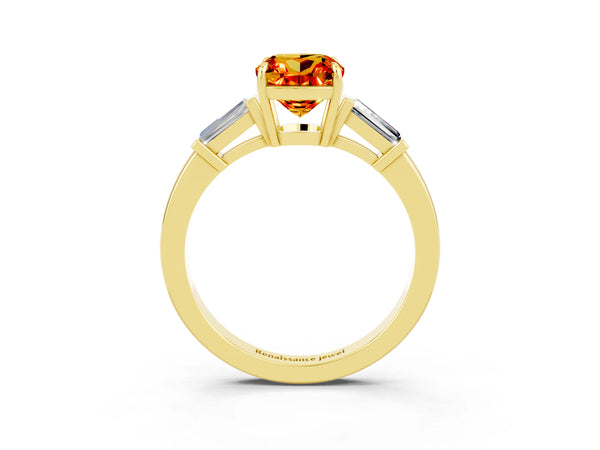 Yellow gold Cushion Cut Citrine Three-Stone Ring with Tapered Baguette Side Stones and Prong Setting