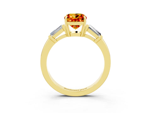 Yellow gold Cushion Cut Cut Diamond Ring with Tapered Baguette Side Stones in Four-Prong Setting_3
