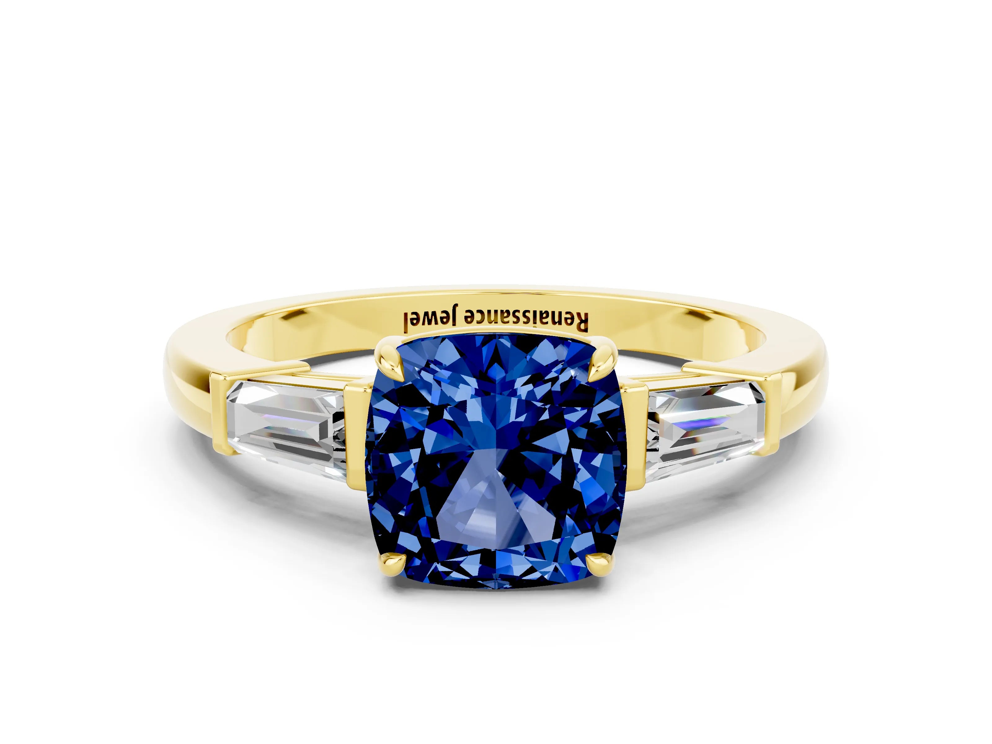 Yellow gold Cushion Cut Cut Diamond Ring with Tapered Baguette Side Stones in Four-Prong Setting