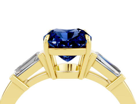 Yellow gold Cushion Cut Cut Diamond Ring with Tapered Baguette Side Stones in Four-Prong Setting_4
