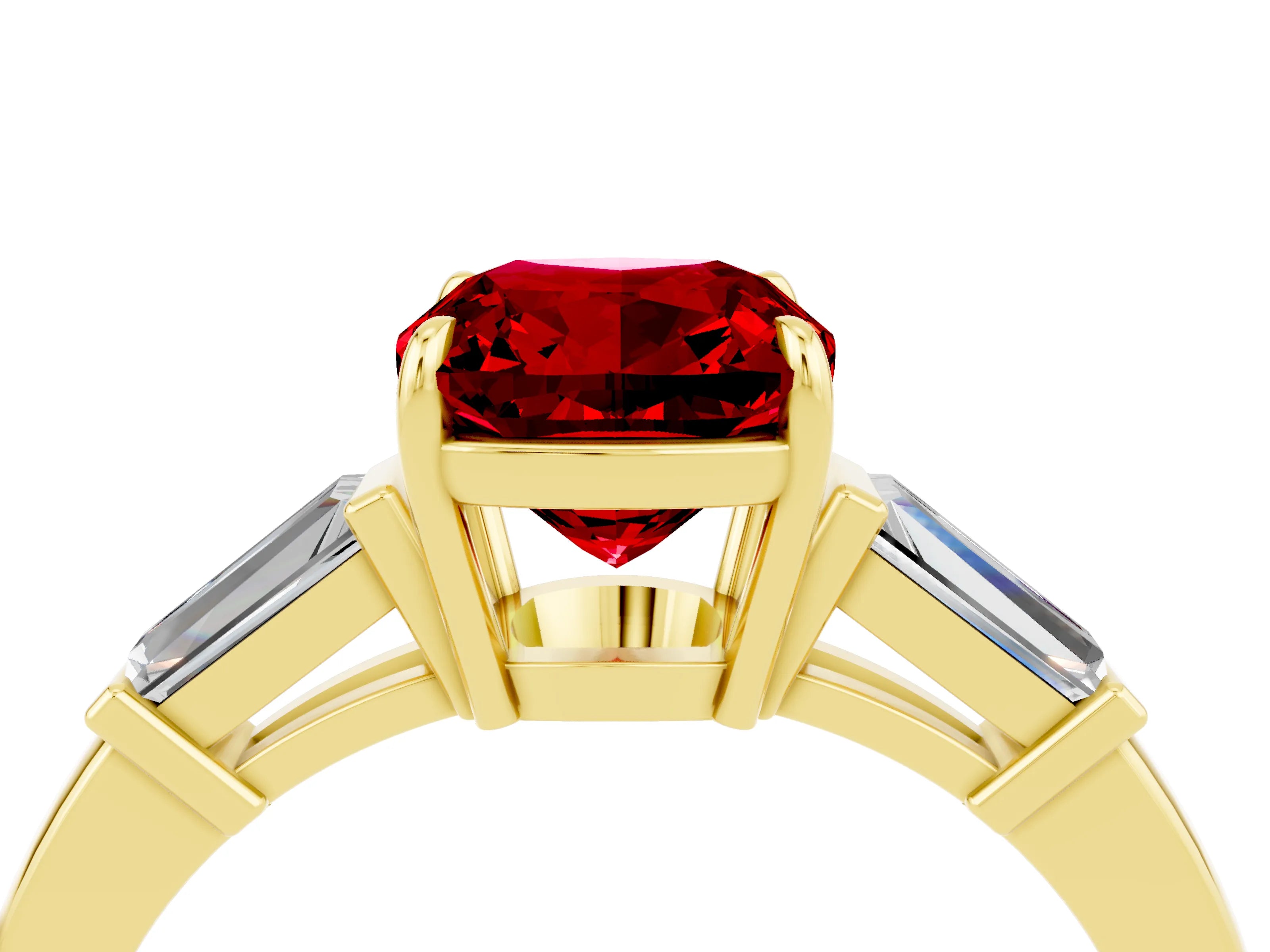 Yellow gold Cushion Cut Cut Diamond Ring with Tapered Baguette Side Stones in Four-Prong Setting_4