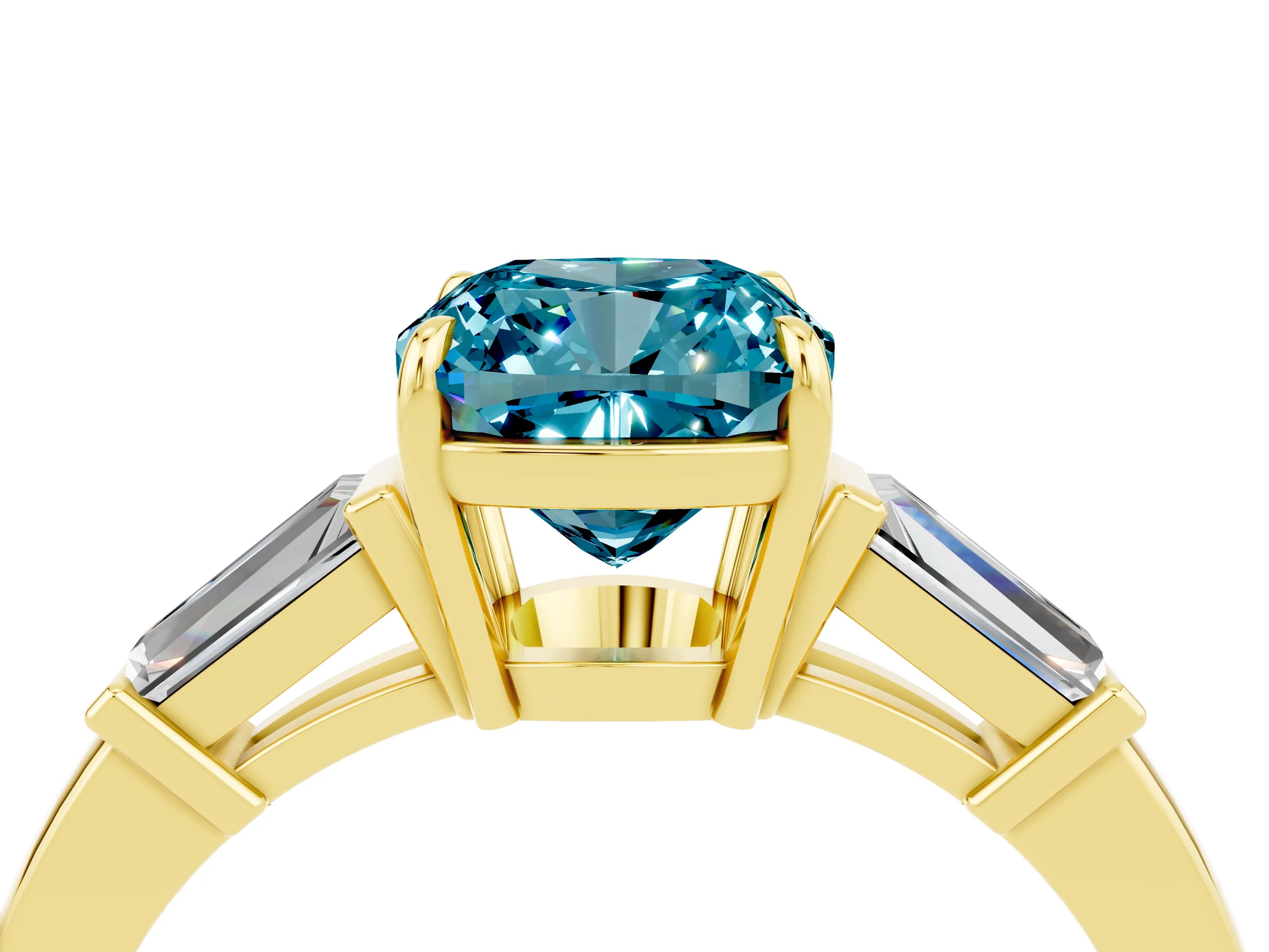 Yellow gold Cushion Cut Cut Diamond Ring with Tapered Baguette Side Stones in Four-Prong Setting_4