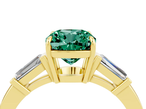 Yellow gold Cushion Cut Cut Diamond Ring with Tapered Baguette Side Stones in Four-Prong Setting_4