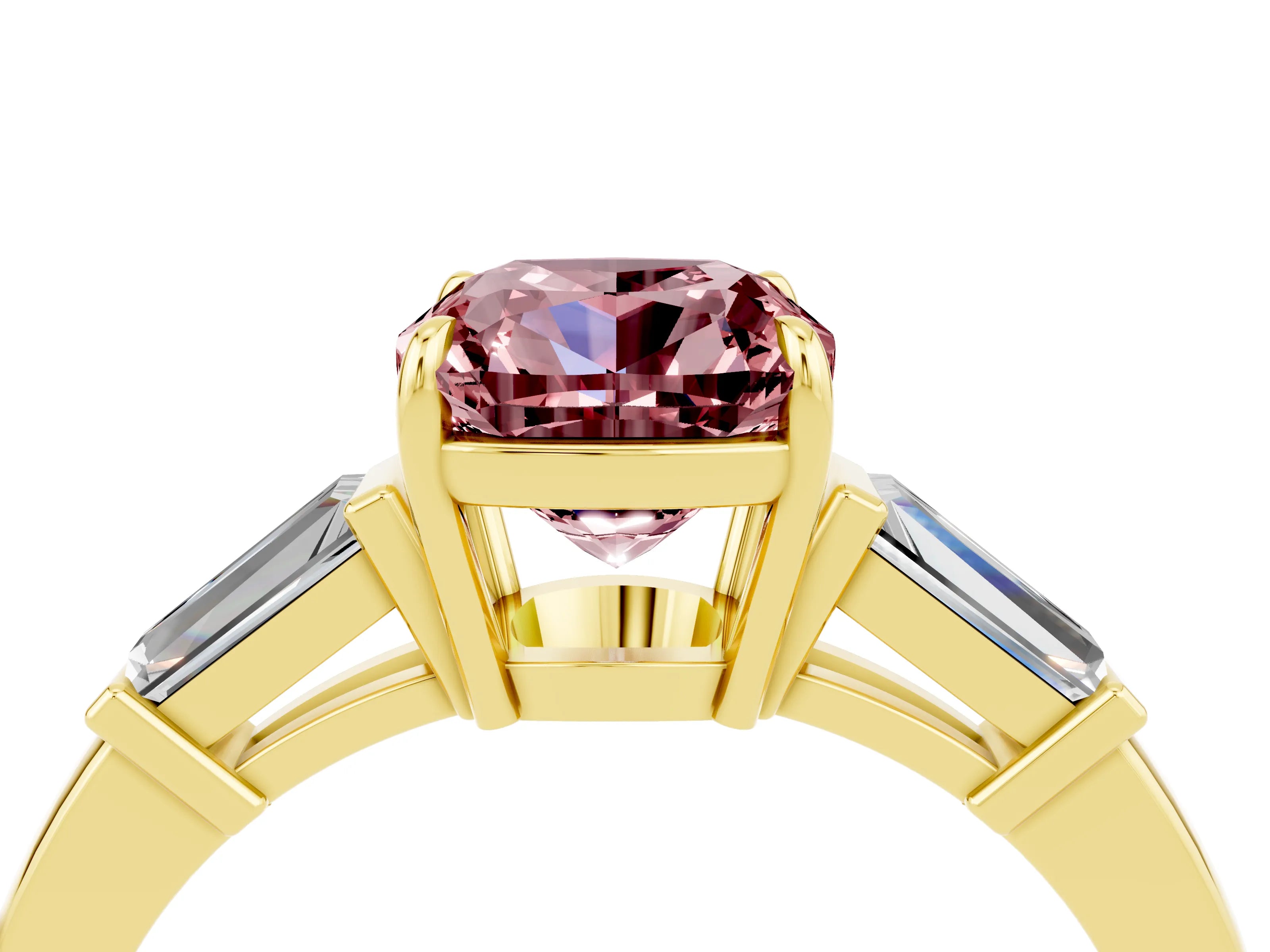 Yellow gold Cushion Cut Cut Diamond Ring with Tapered Baguette Side Stones in Four-Prong Setting_4