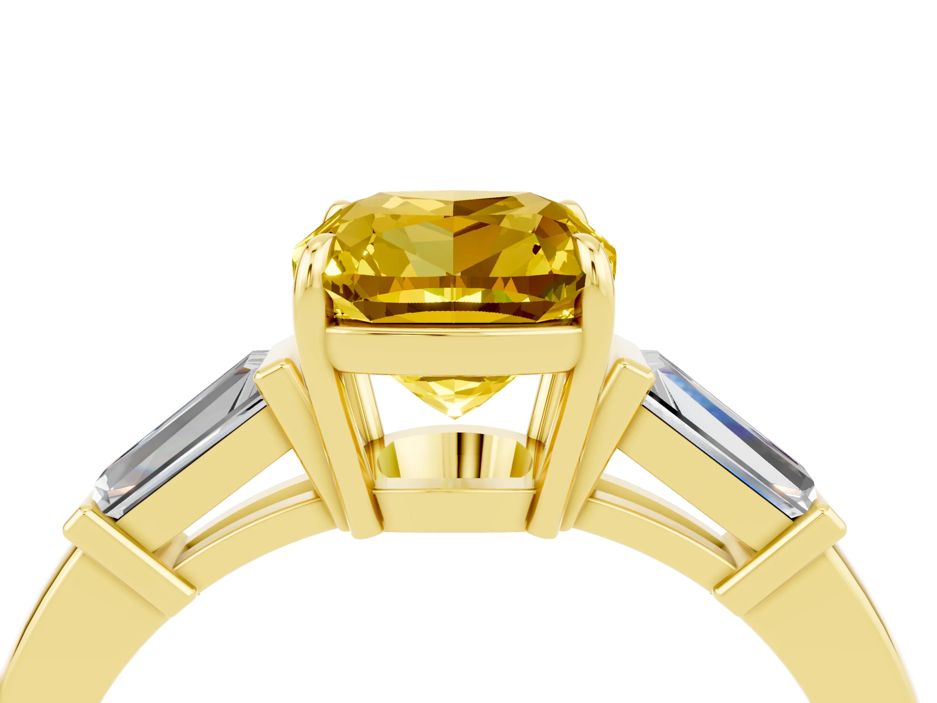 Yellow gold Cushion Cut Cut Diamond Ring with Tapered Baguette Side Stones in Four-Prong Setting_4
