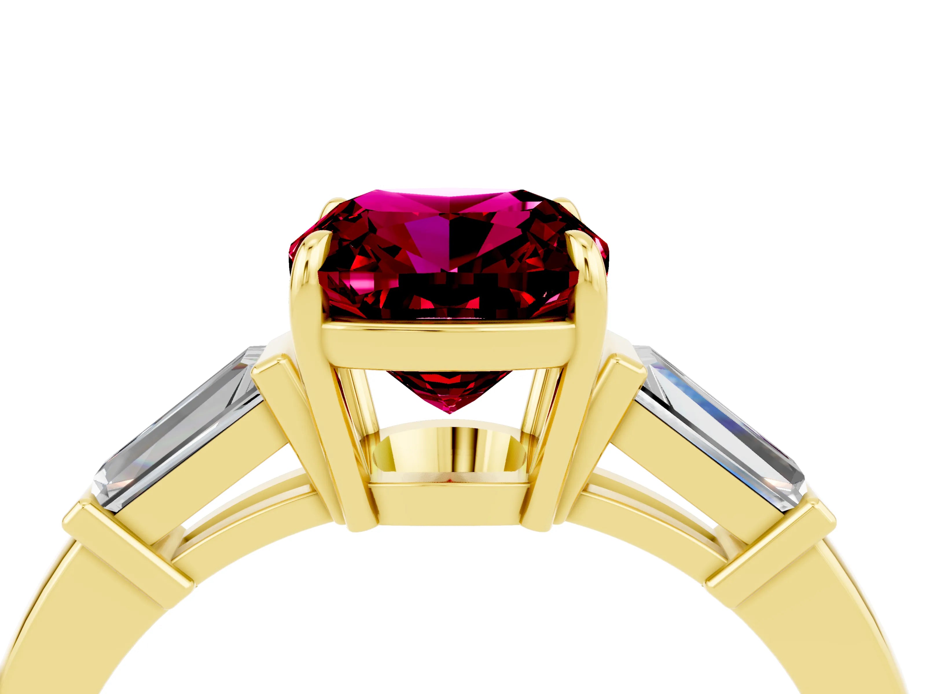 Yellow gold Cushion Cut Cut Diamond Ring with Tapered Baguette Side Stones in Four-Prong Setting_4