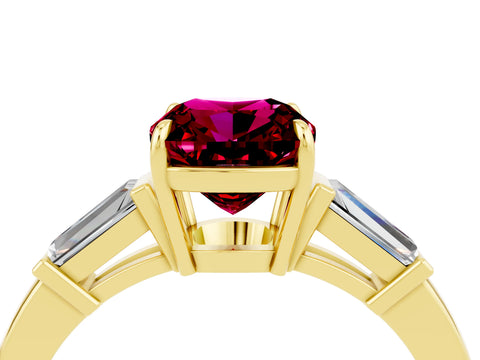 Yellow gold Cushion Cut Cut Diamond Ring with Tapered Baguette Side Stones in Four-Prong Setting_4