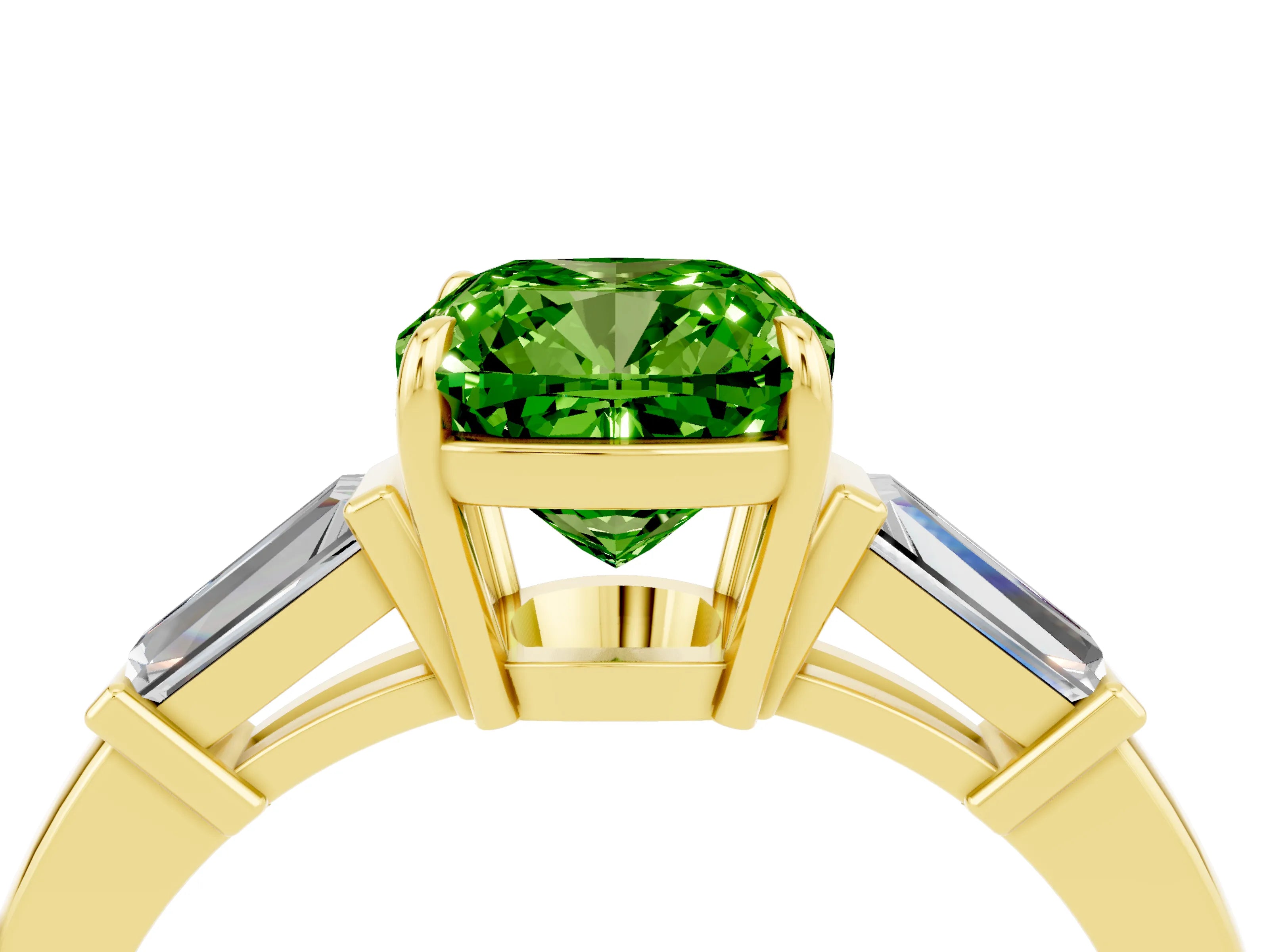 Yellow gold Cushion Cut Cut Diamond Ring with Tapered Baguette Side Stones in Four-Prong Setting_4