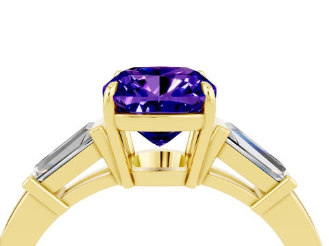 Yellow gold Cushion Cut Cut Diamond Ring with Tapered Baguette Side Stones in Four-Prong Setting_4