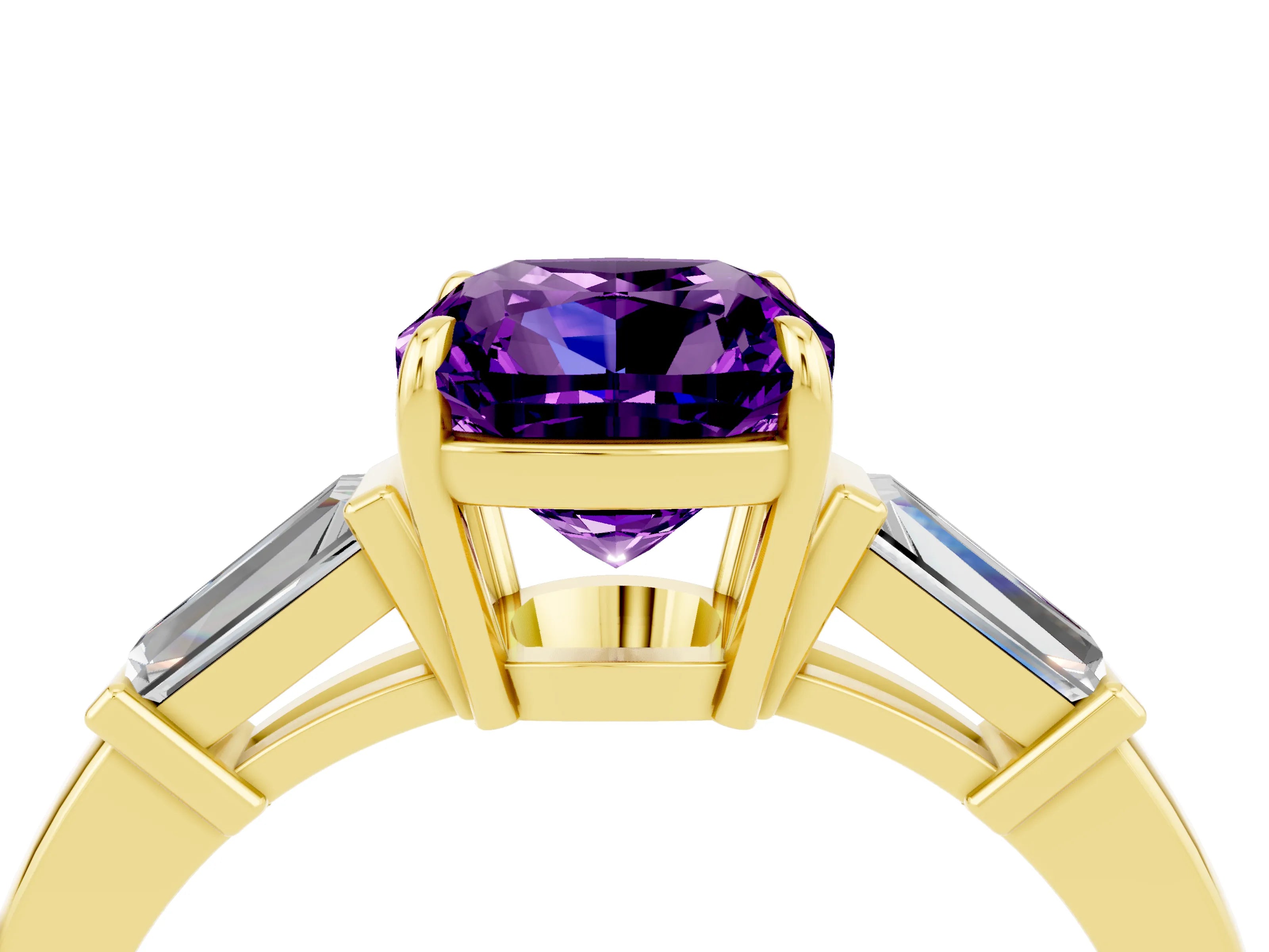 Yellow gold Cushion Cut Cut Diamond Ring with Tapered Baguette Side Stones in Four-Prong Setting_4
