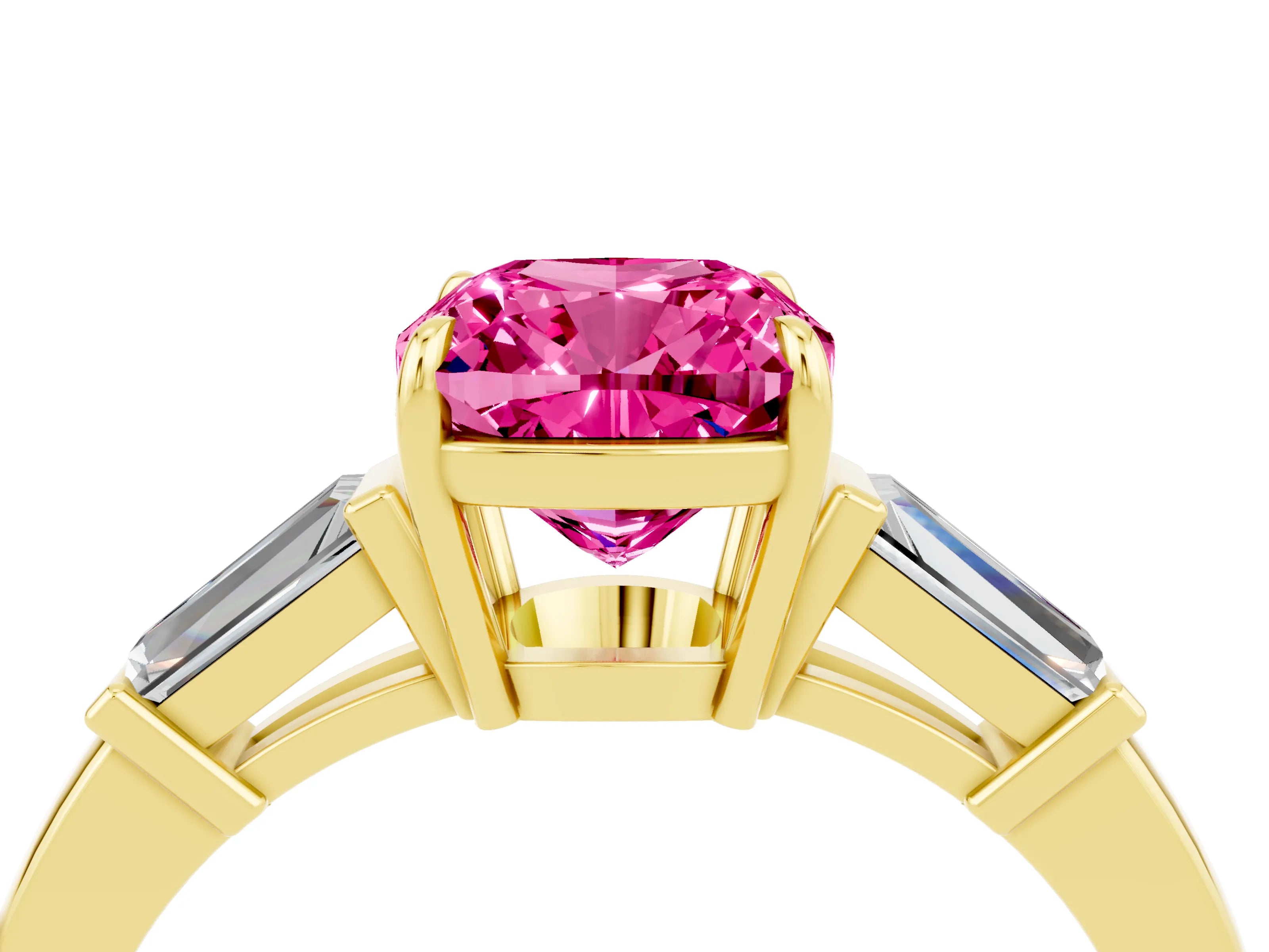 Yellow gold Cushion Cut Cut Diamond Ring with Tapered Baguette Side Stones in Four-Prong Setting_4
